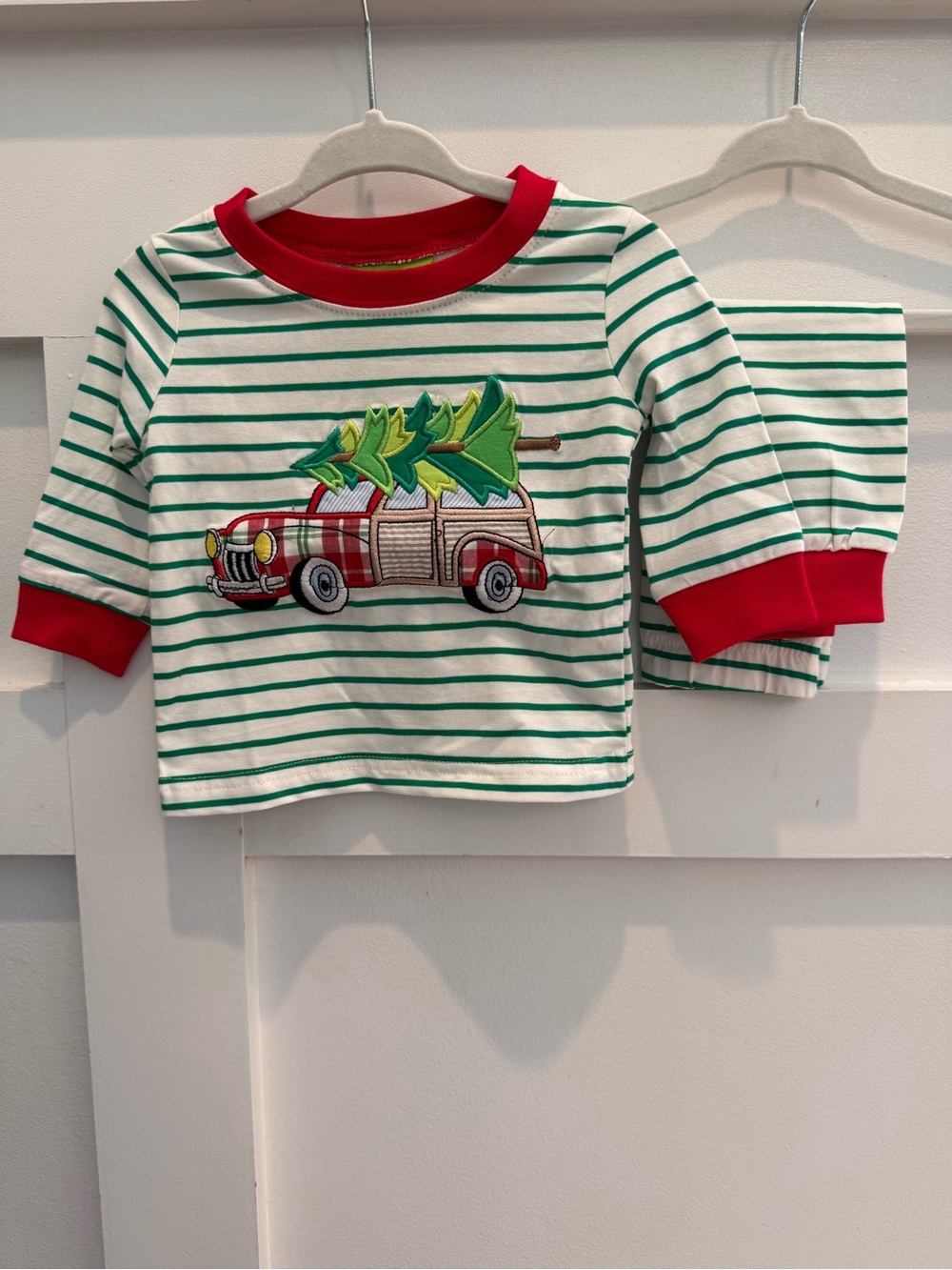 Green & White Striped Kids Long-Sleeve Top with Red Trim and Car Applique